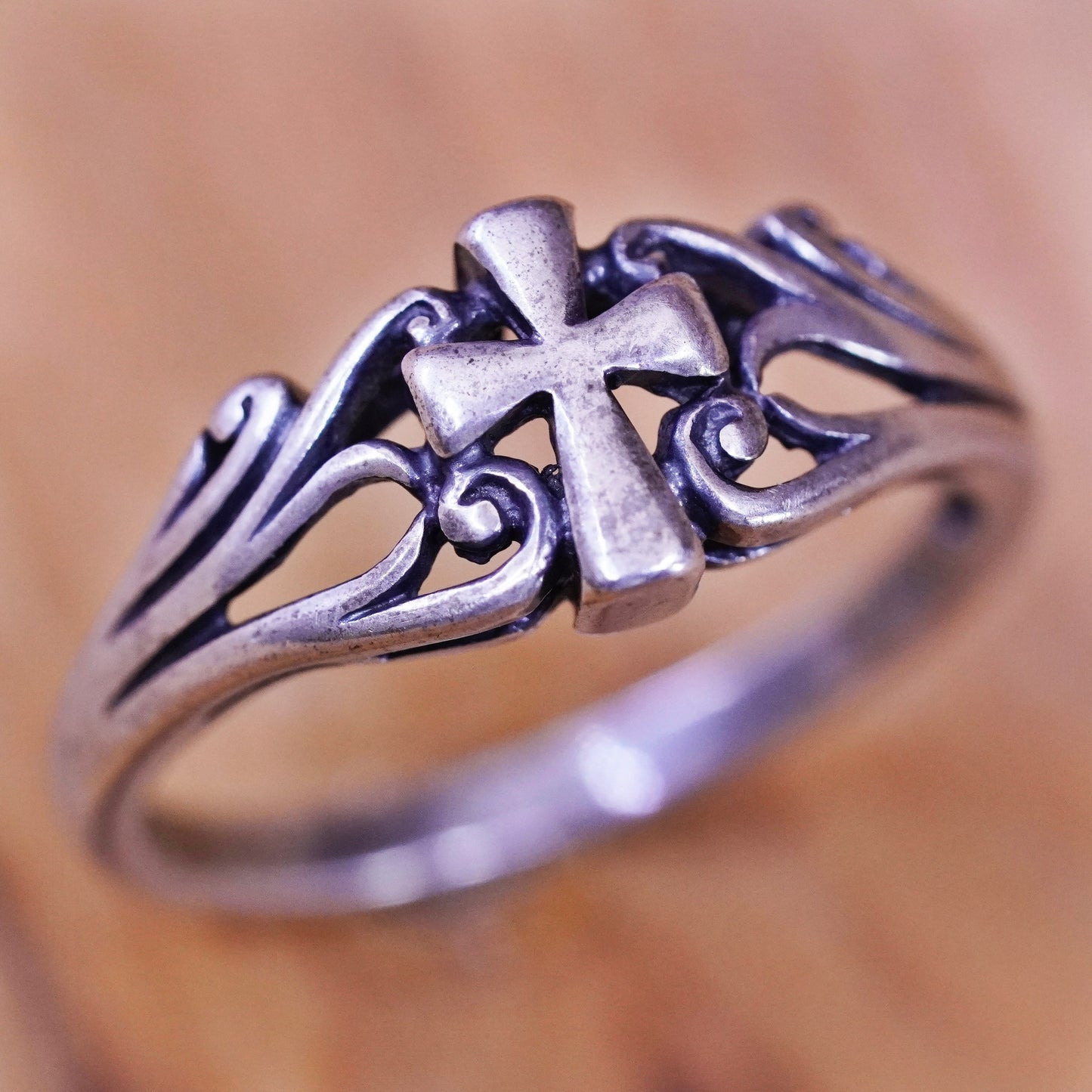 Size 5, vintage Sterling silver handmade ring, 925 filigree cross