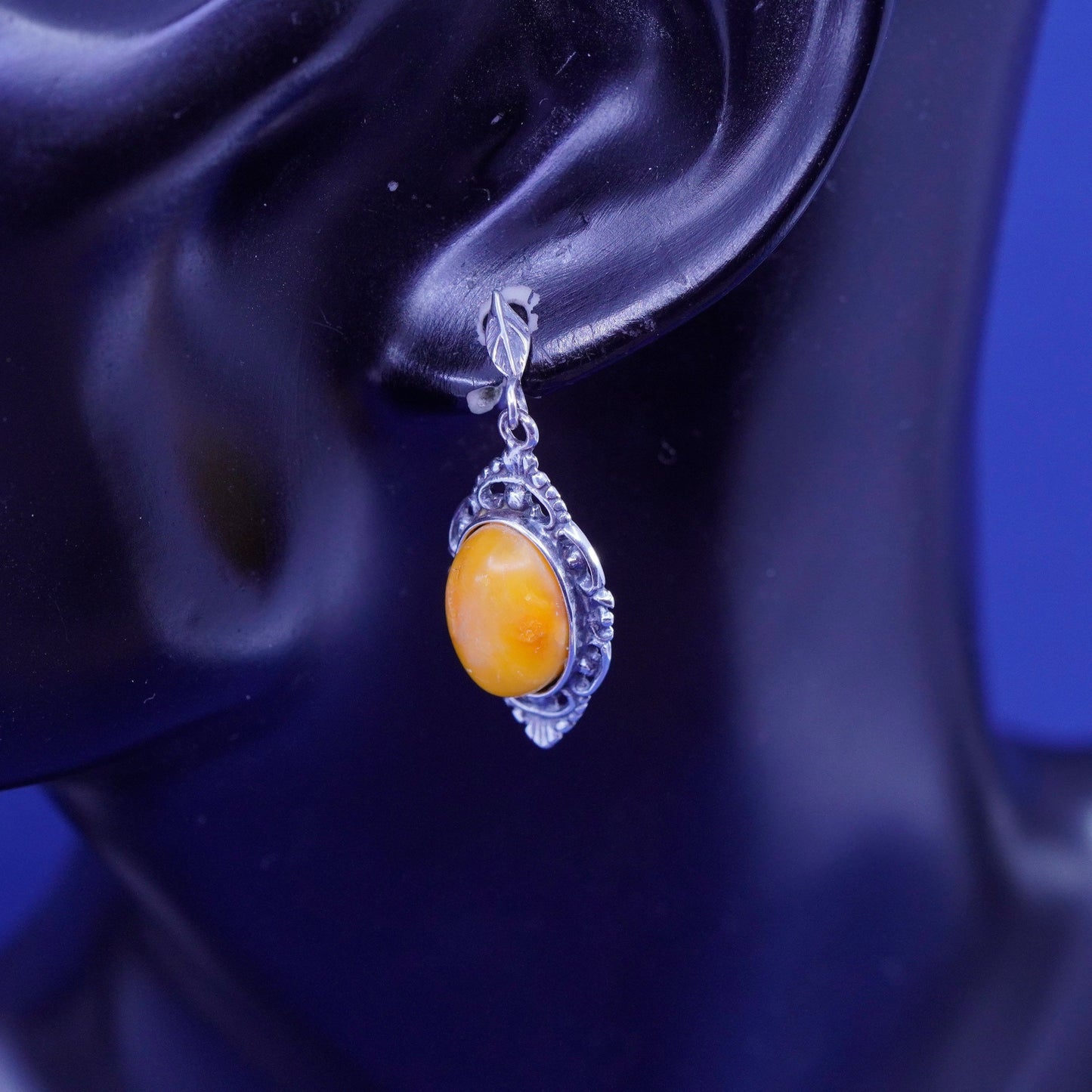 Vintage sterling 925 silver handmade filigree earrings with oval amber