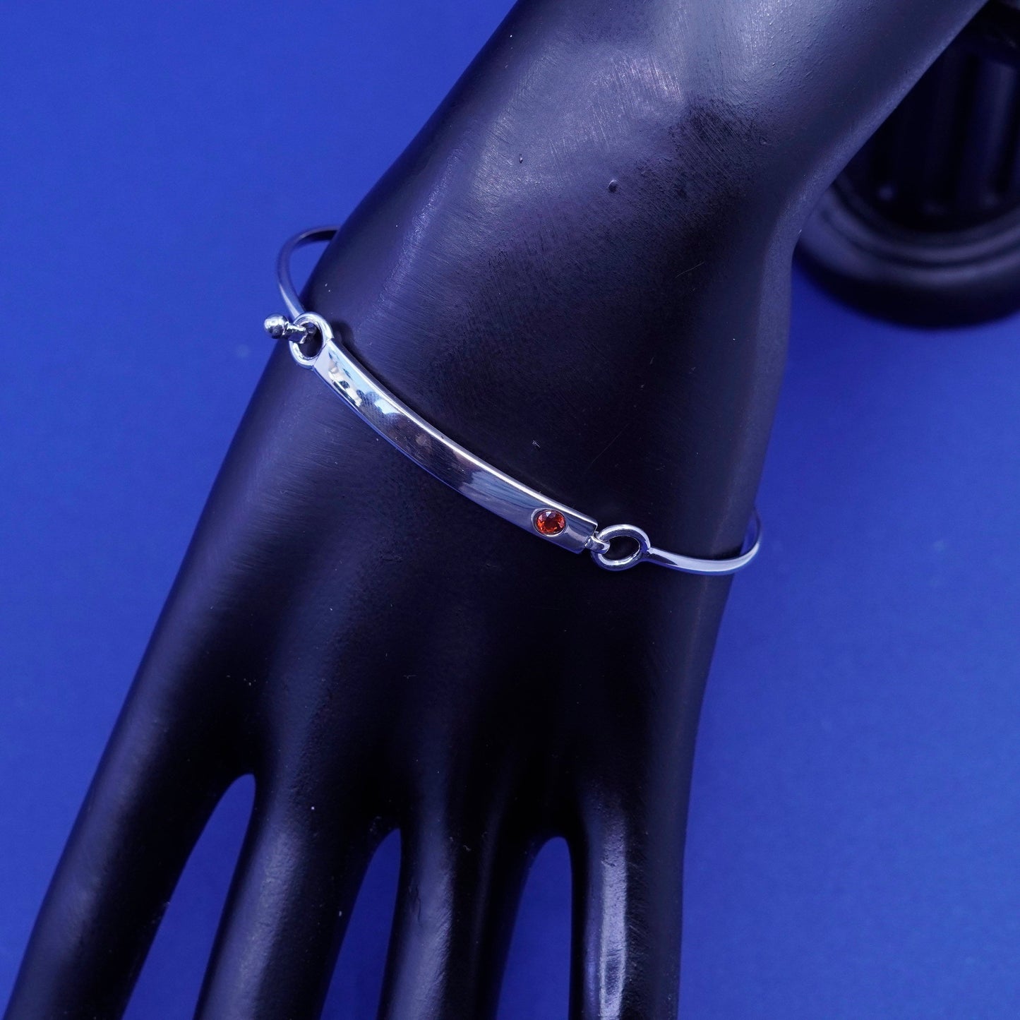 7.5”, Elle Sterling silver bracelet, 925 matted glitter hinged bangle with ruby