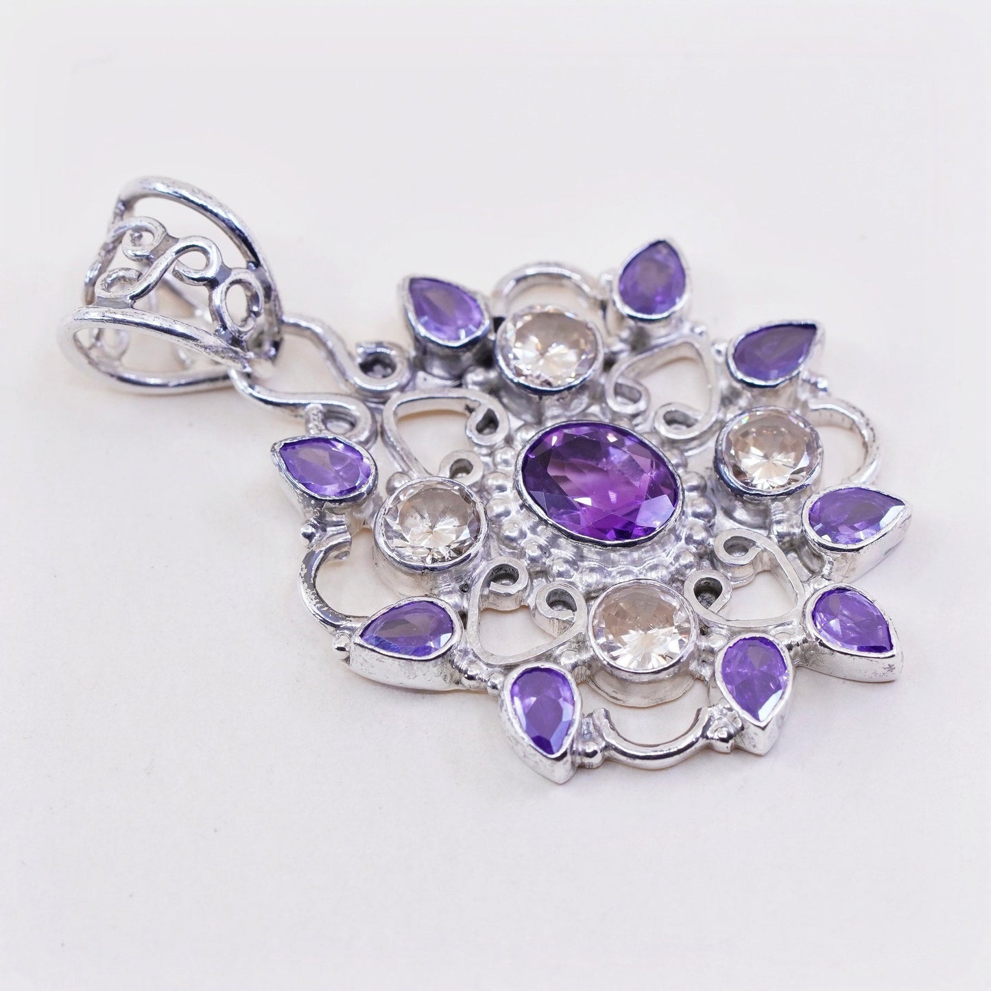 Sterling 925 silver handmade filigree flower pendant with amethyst and citrine