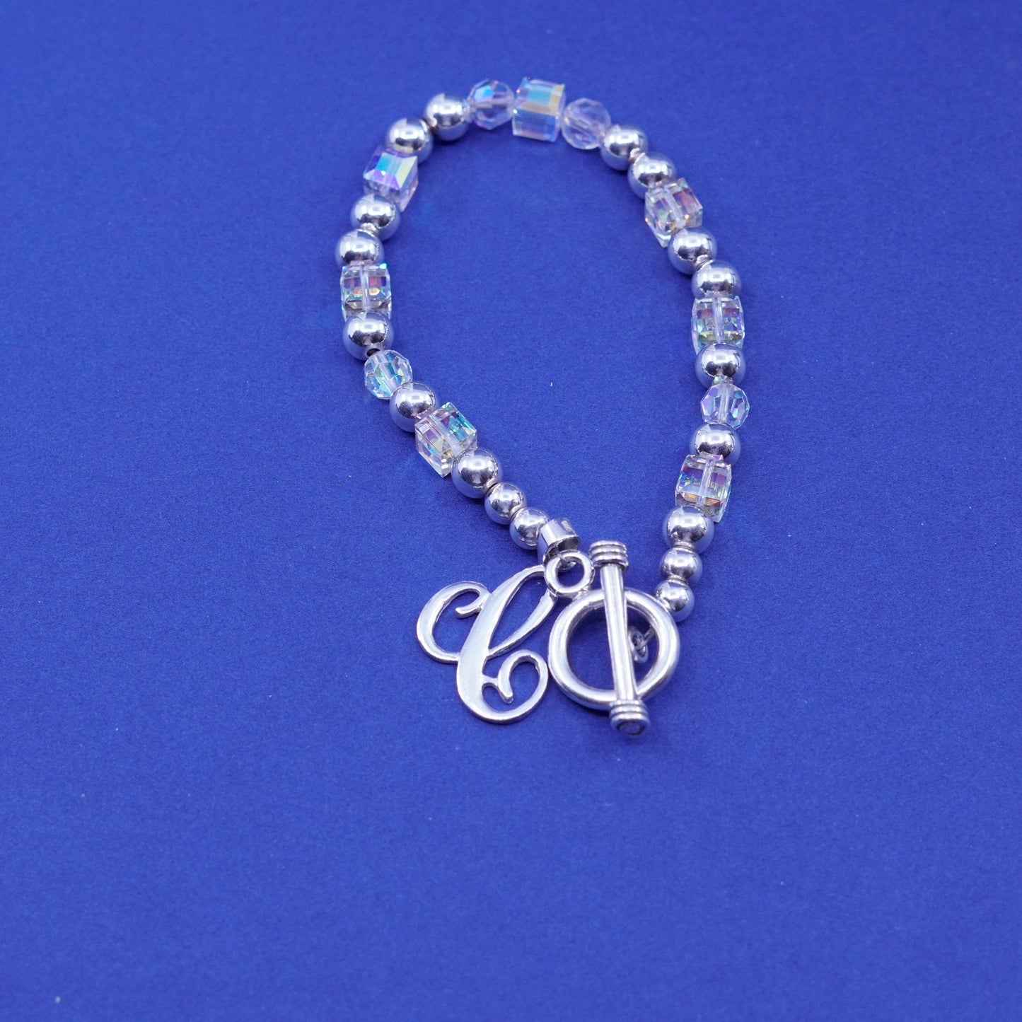 6.75”, sterling 925 silver handmade crystal beads bracelet and initial A charm