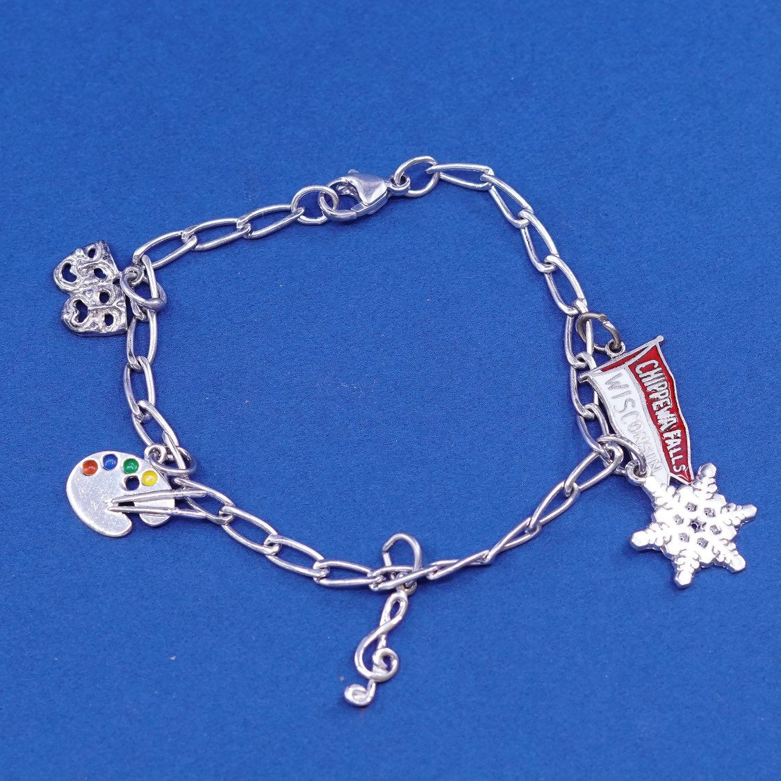 6.5", vtg Sterling silver handmade bracelet, 925 elongated chain w/ 5 charms