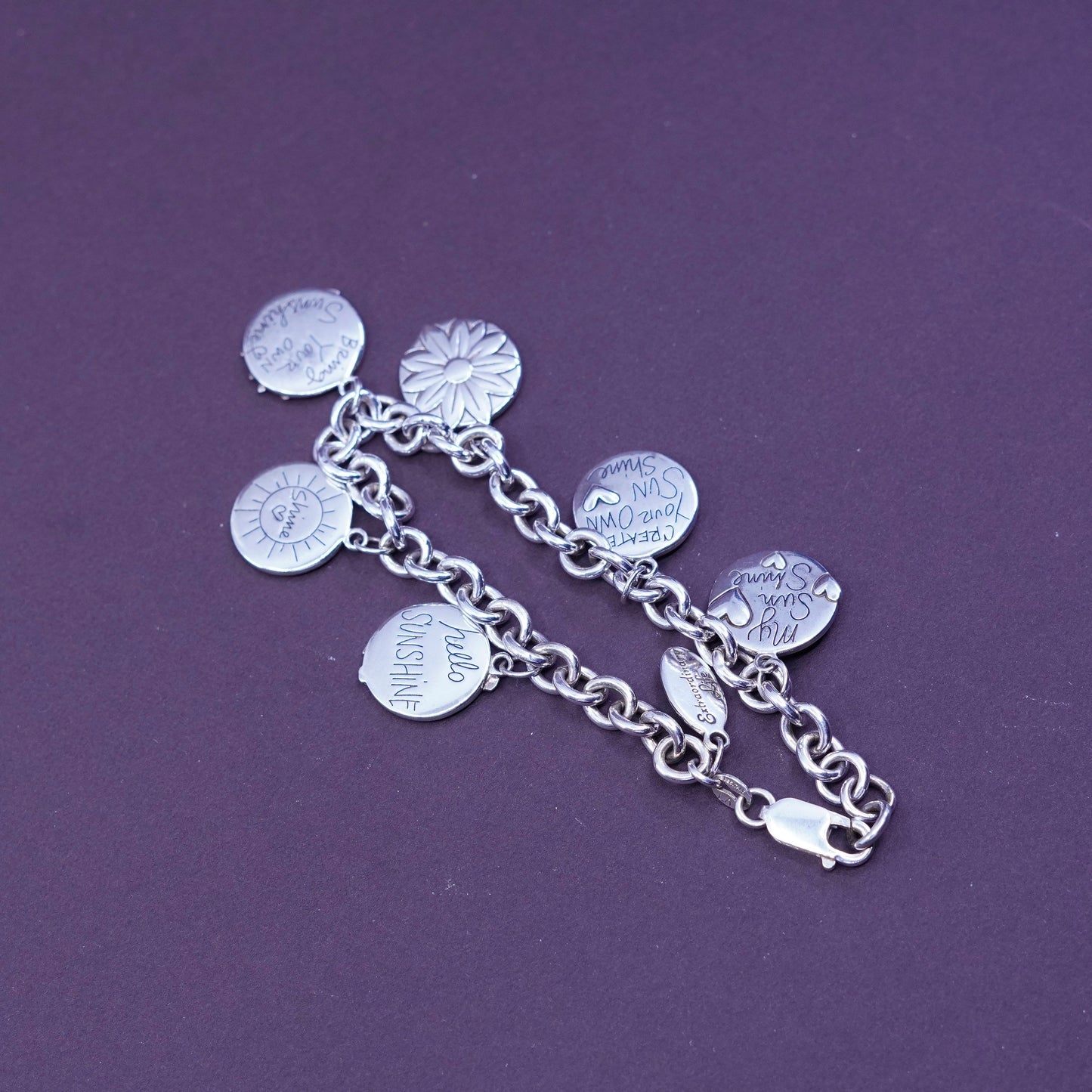 7”, vtg Sterling silver handmade bracelet, 925 bold circle chain with 6 charms