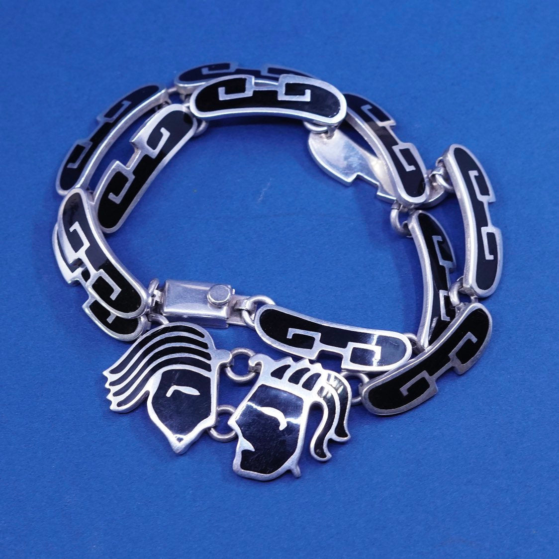 18”, Southwestern sterling 925 silver handmade necklace, man woman face w/ onyx