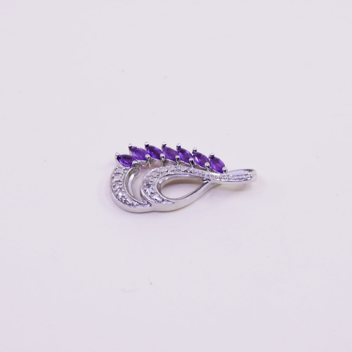 vintage sterling 925 silver teardrop pendant with amethyst and diamond