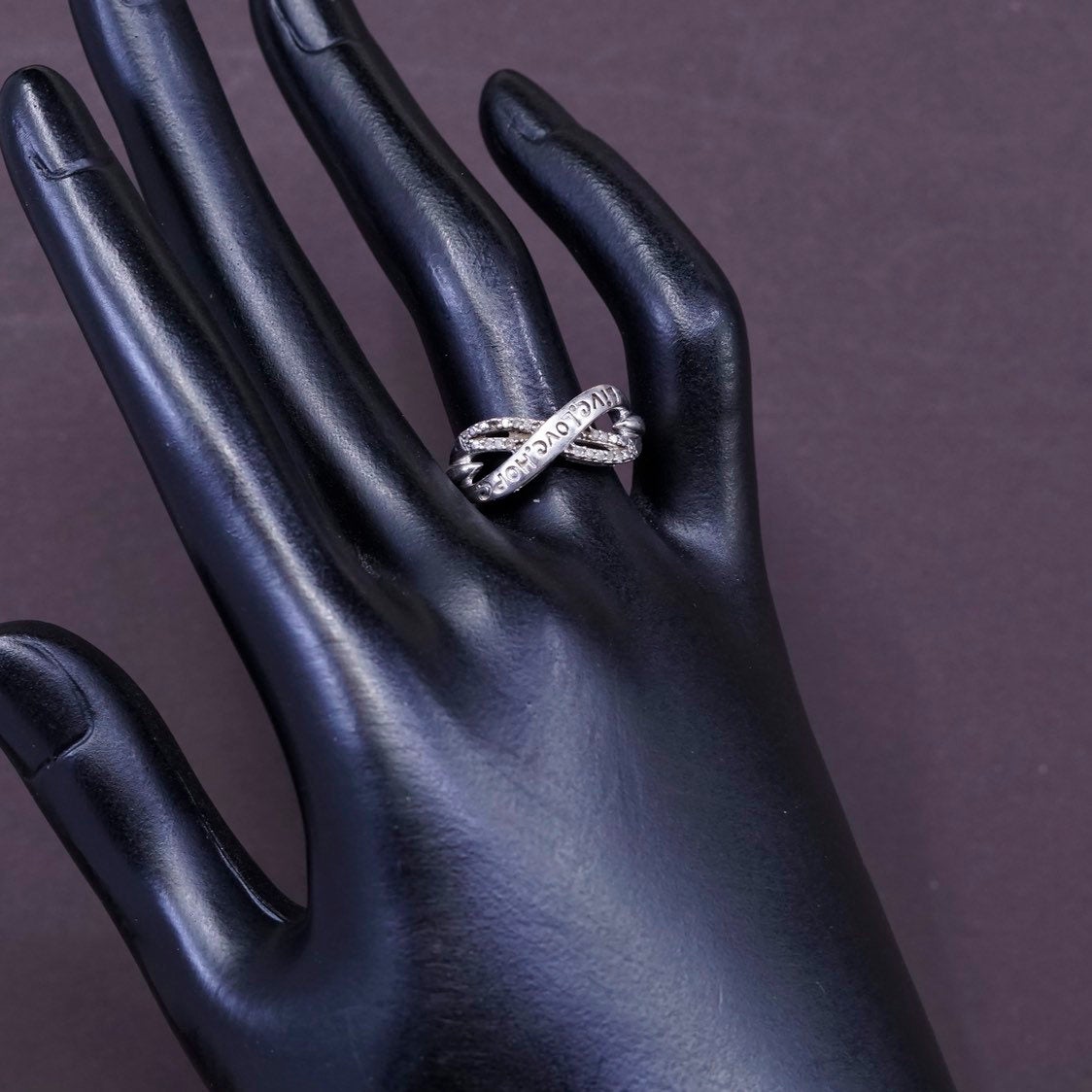 sz 7.5, vtg sterling silver handmade ring, 925 w/ diamond and “live love hope”