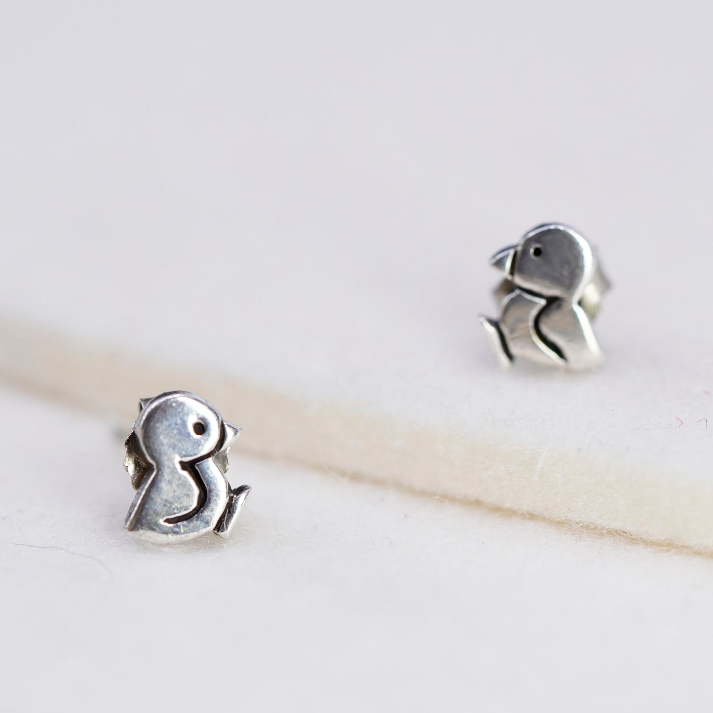 Vintage Sterling silver handmade earrings, 925 chick penguin bird studs