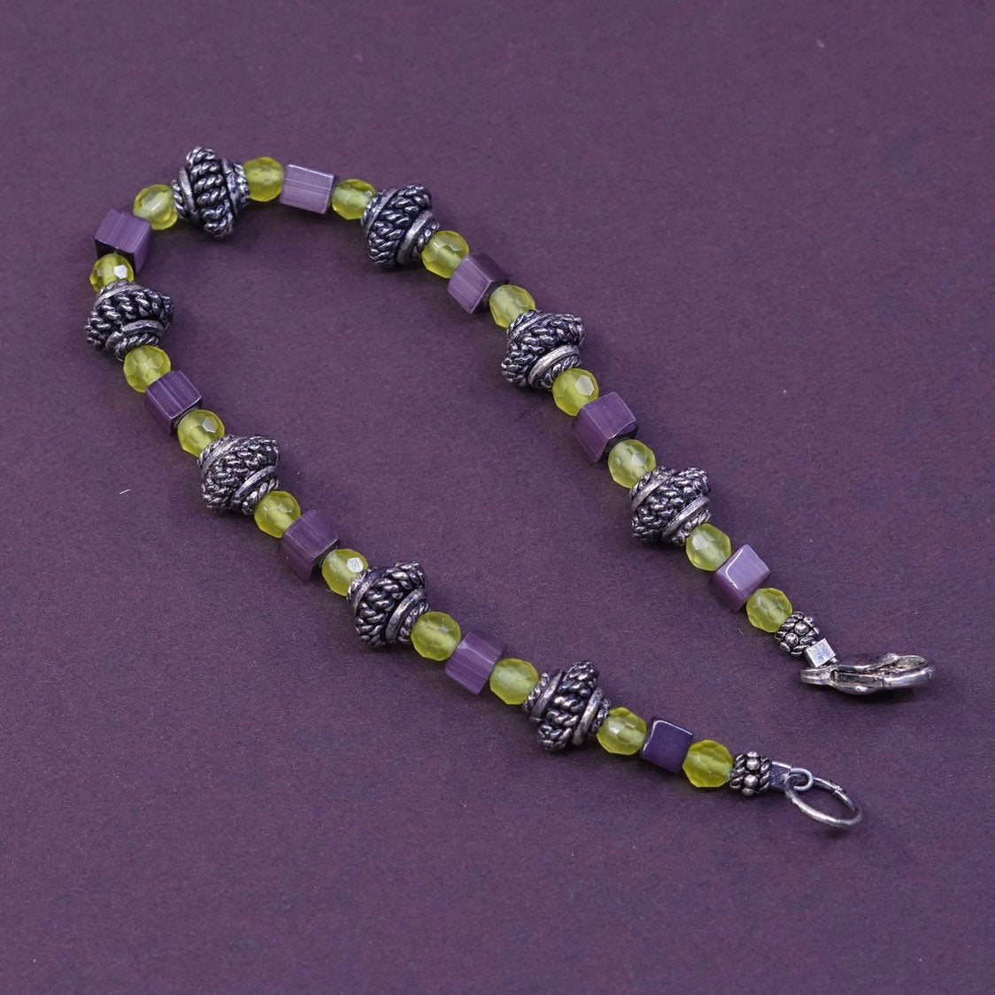 7", Sterling 925 silver bracelet w/ peridot N golden tiger eye beads bracelet