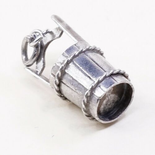 Vintage Sterling Silver Wooden Bucket Pendant, Solid 925 Silver Charm