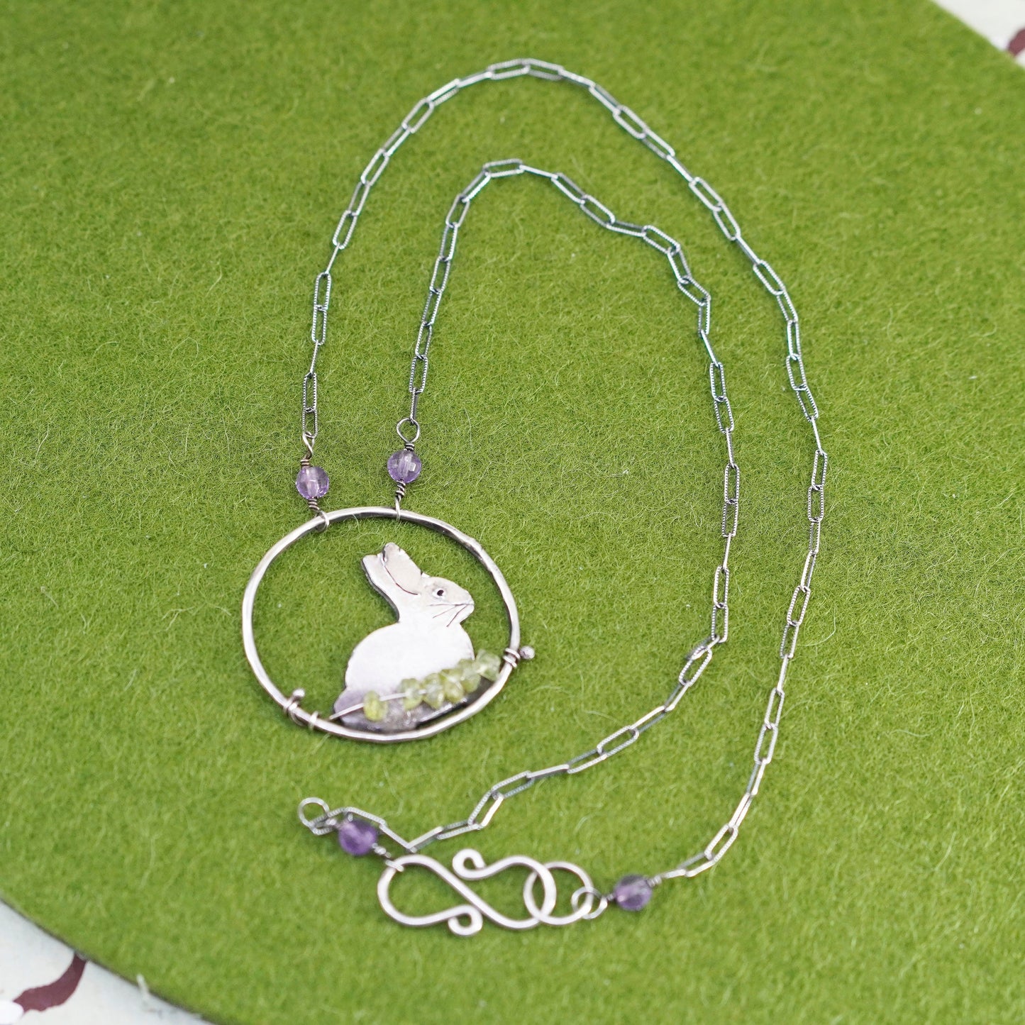 17” Sterling 925 silver necklace, elongated chain bunny rabbit pendant amethyst