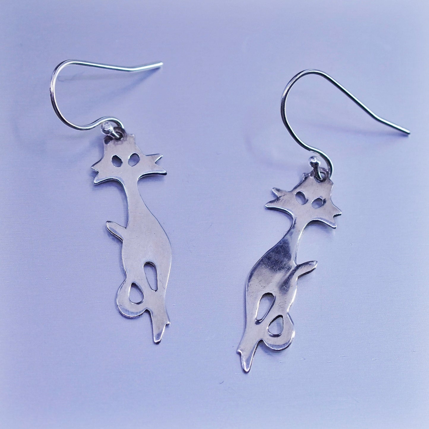 vintage Sterling silver handmade earrings, 925 cat kitty dangles