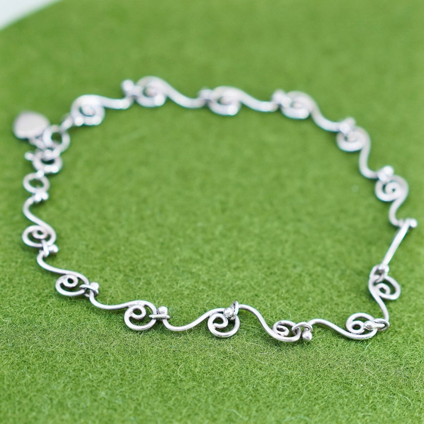 9.5”, vintage 925 Sterling silver swirl circle chain bracelet anklet