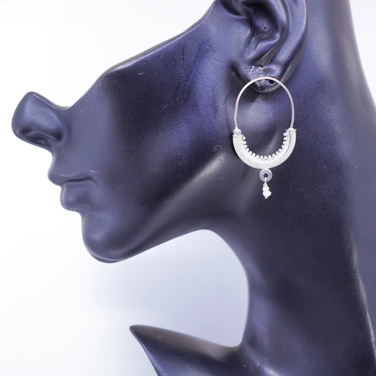 1.5”, vintage Sterling silver handmade earrings, wired 925 textured hoops pearl