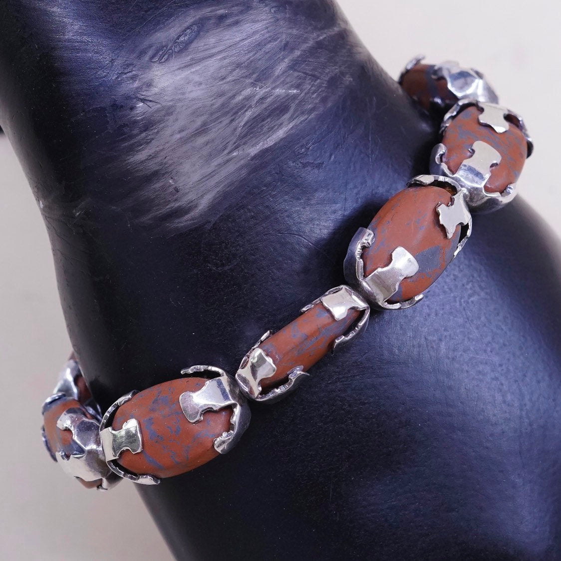 7”, VTG Sterling silver handmade bracelet, Mexico 925 w/ Oval bloodstone