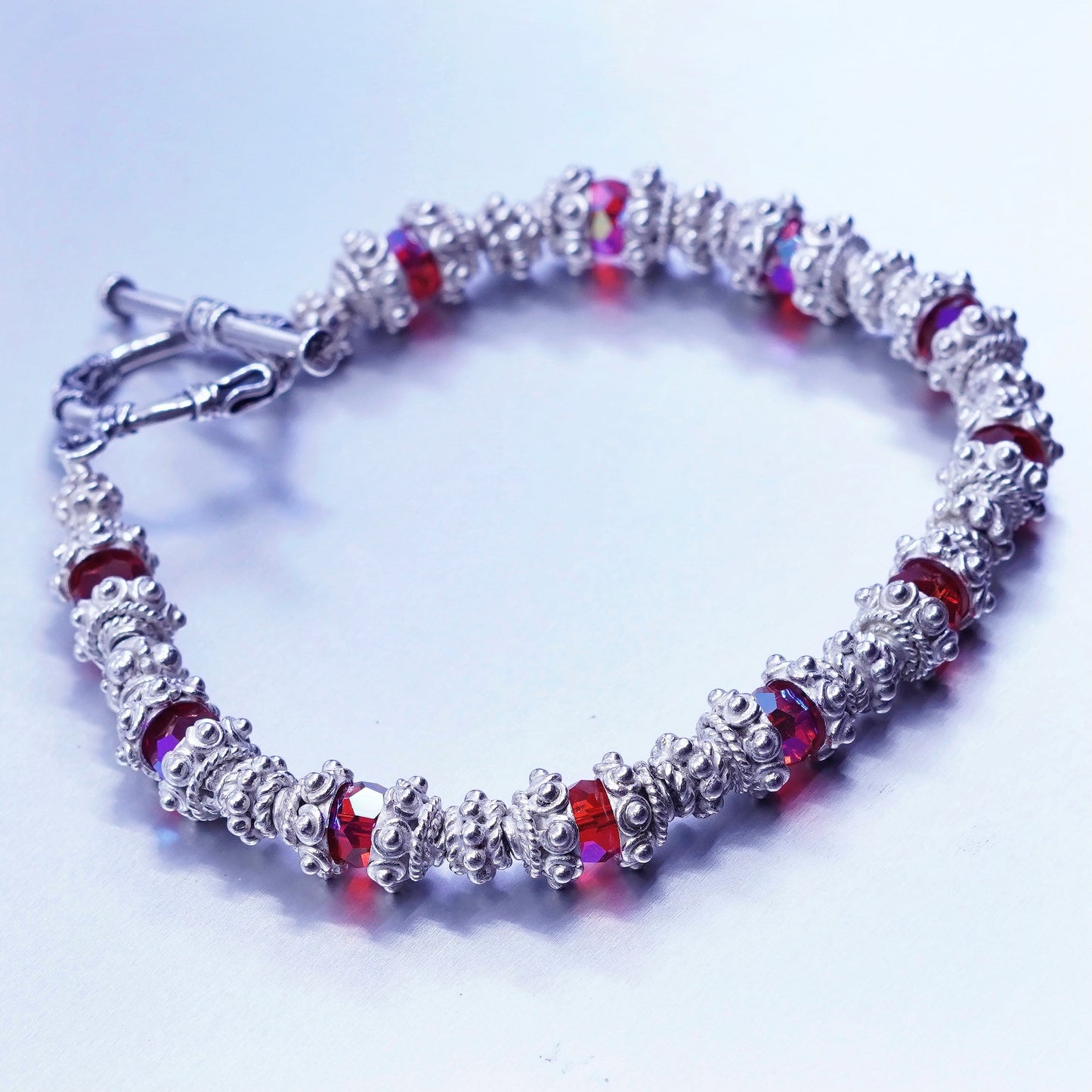 7”, vintage Nepal handmade Sterling 925 silver bracelet with red rhinestone