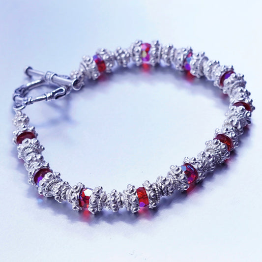 7”, vintage Nepal handmade Sterling 925 silver bracelet with red rhinestone