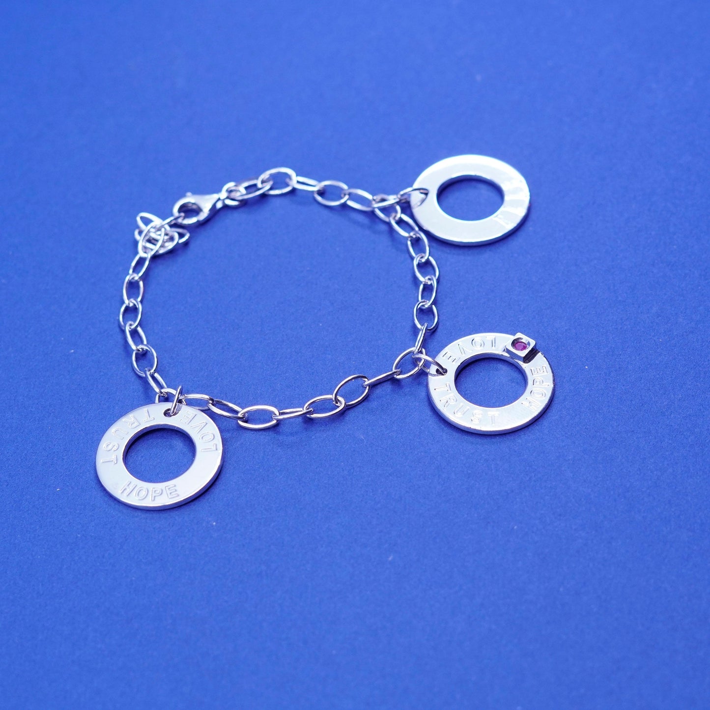 6.5”, Elle Sterling silver handmade bracelet, 925 chain circle tag charms ruby