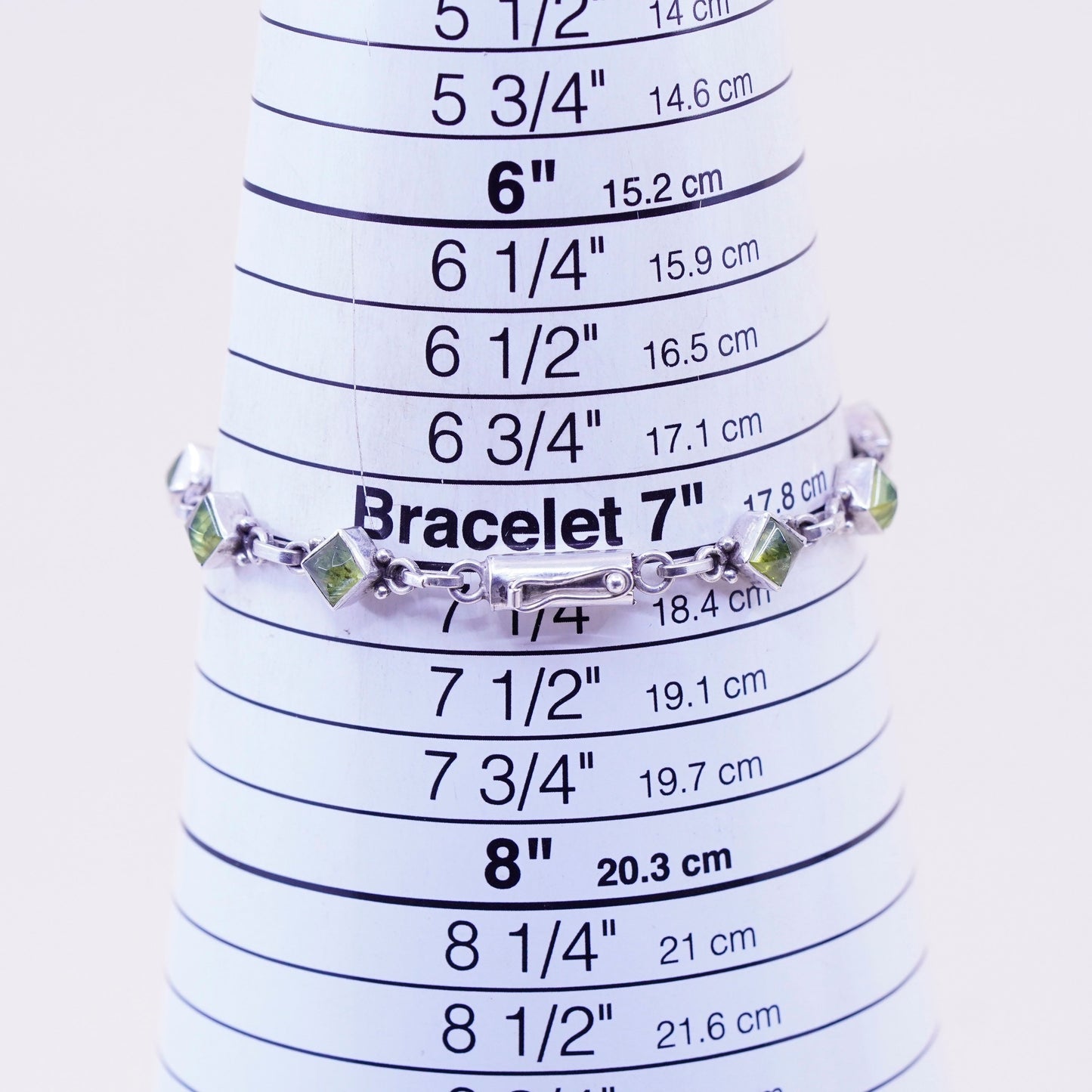 7.25”, Vintage Sterling 925 silver handmade bracelet with diamond cut peridot