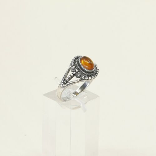 Sz 8, Orange Amber Cabochon Sterling Silver Solitaire Ring W/ Beads, Stamped 925