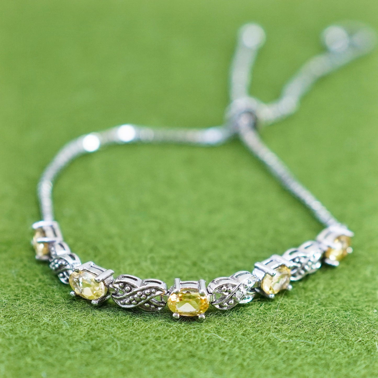 Size adjustable, Vintage sterling silver bracelet, 925 box chain with citrine