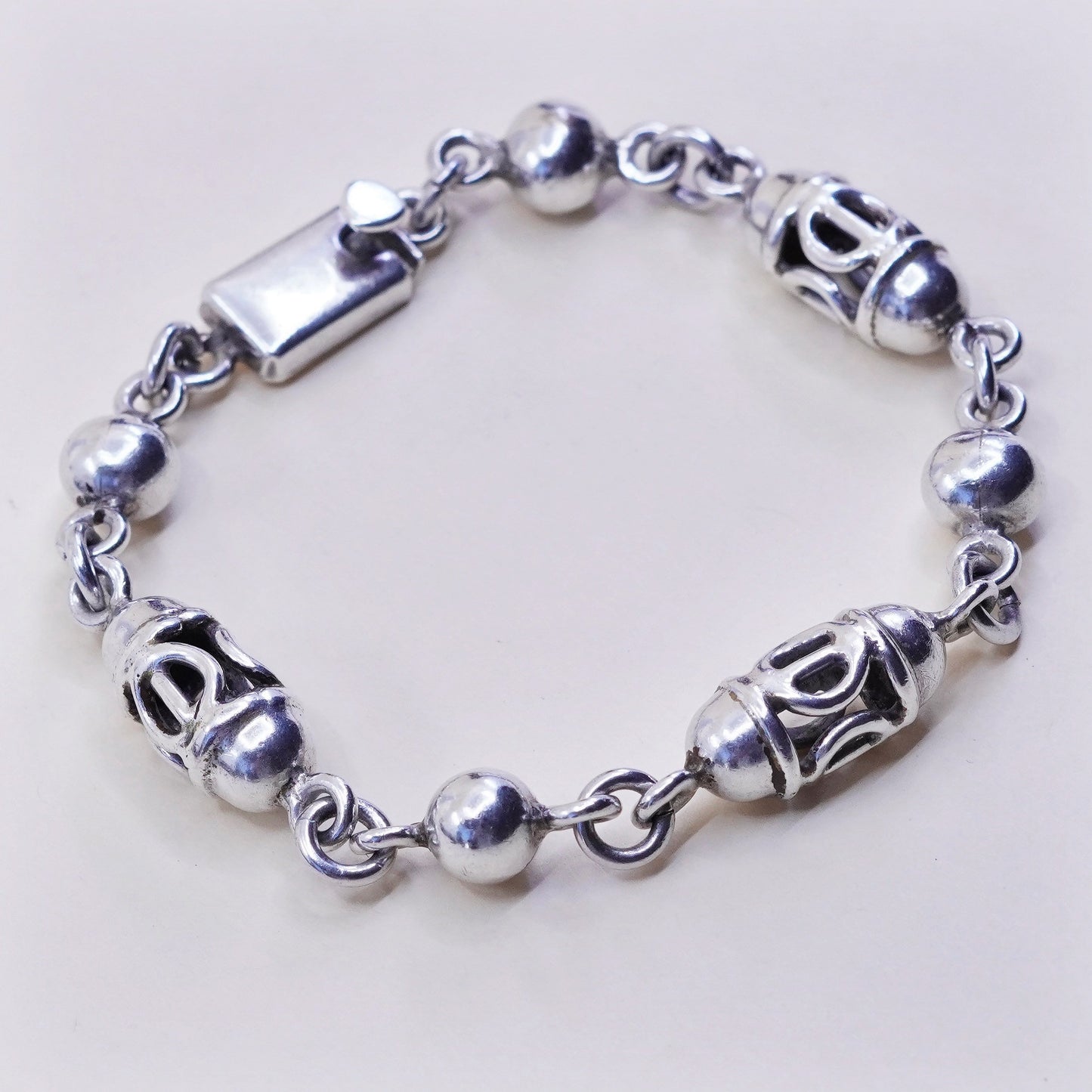 6.75”, vintage sterling silver handmade bracelet, mexico 925 nugget beads chain