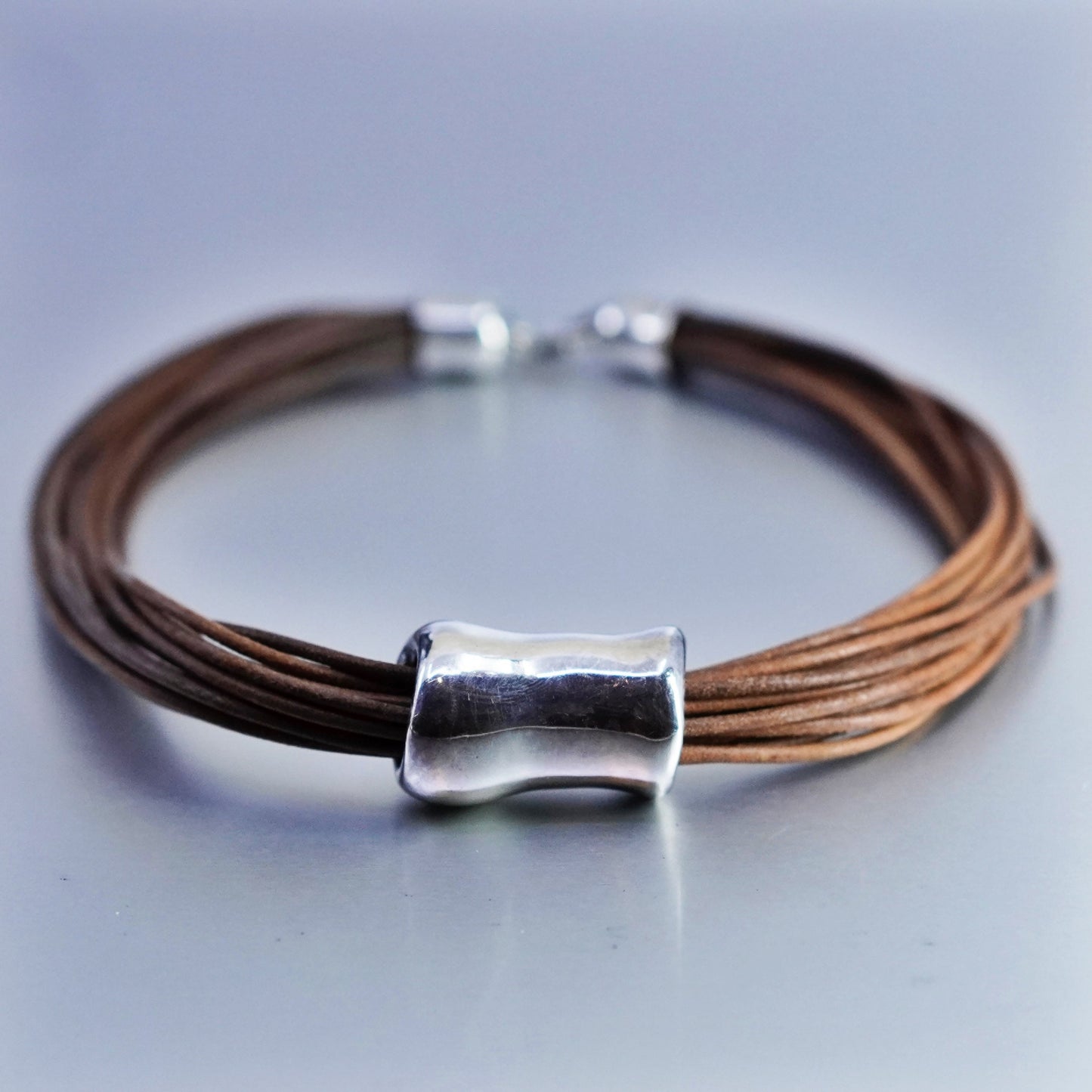 16”, Sterling 925 Silver Multi Strand brown multi strands Leather Necklace