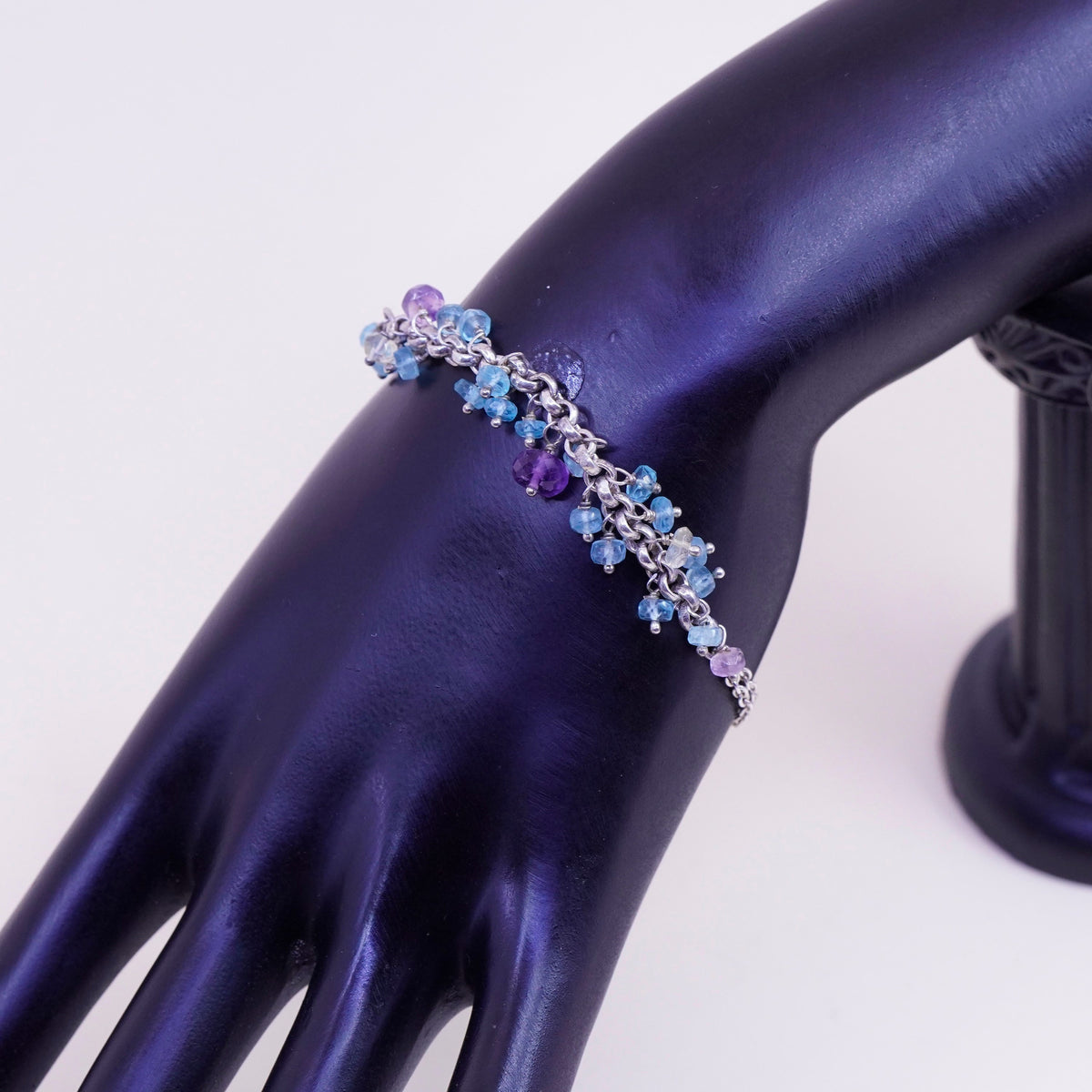 8” Vintage Sterling silver handmade bracelet, natural amethyst and topaz beads