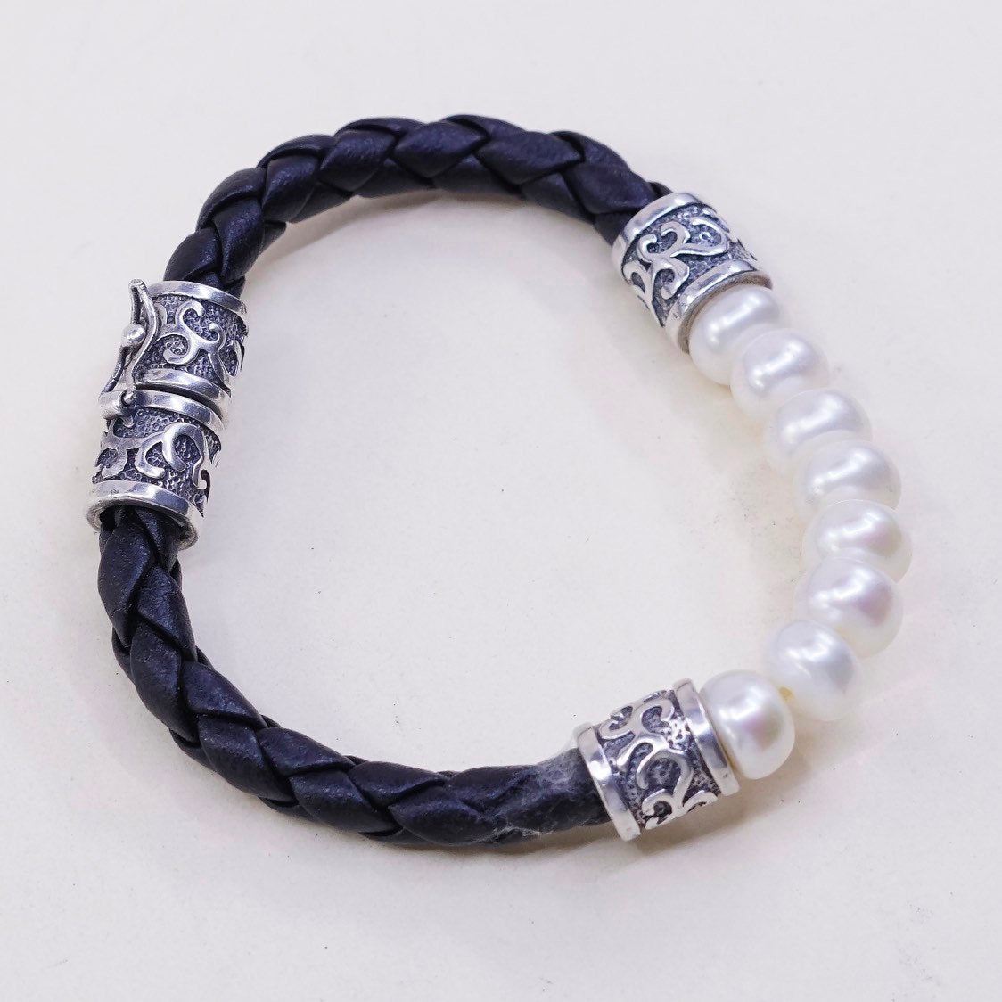 6", woven black leather, 925 Mexico Sterling silver bracelet w/ pearl N elastic