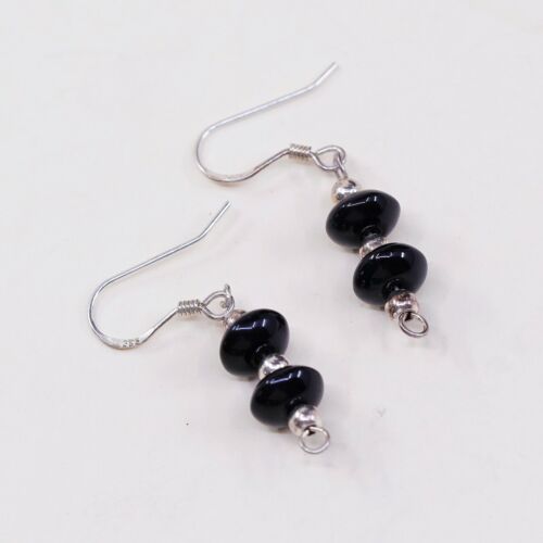 Vtg Southwestern Sterling 925 Silver Handmade Earrings W/ Obsidian Bead
