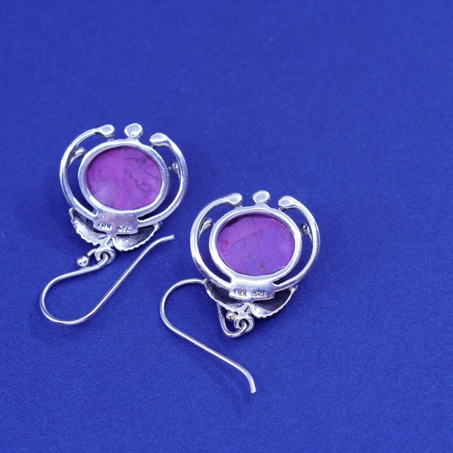 Vintage BBJ Sterling 925 silver handmade earrings with purple turquoise leaves