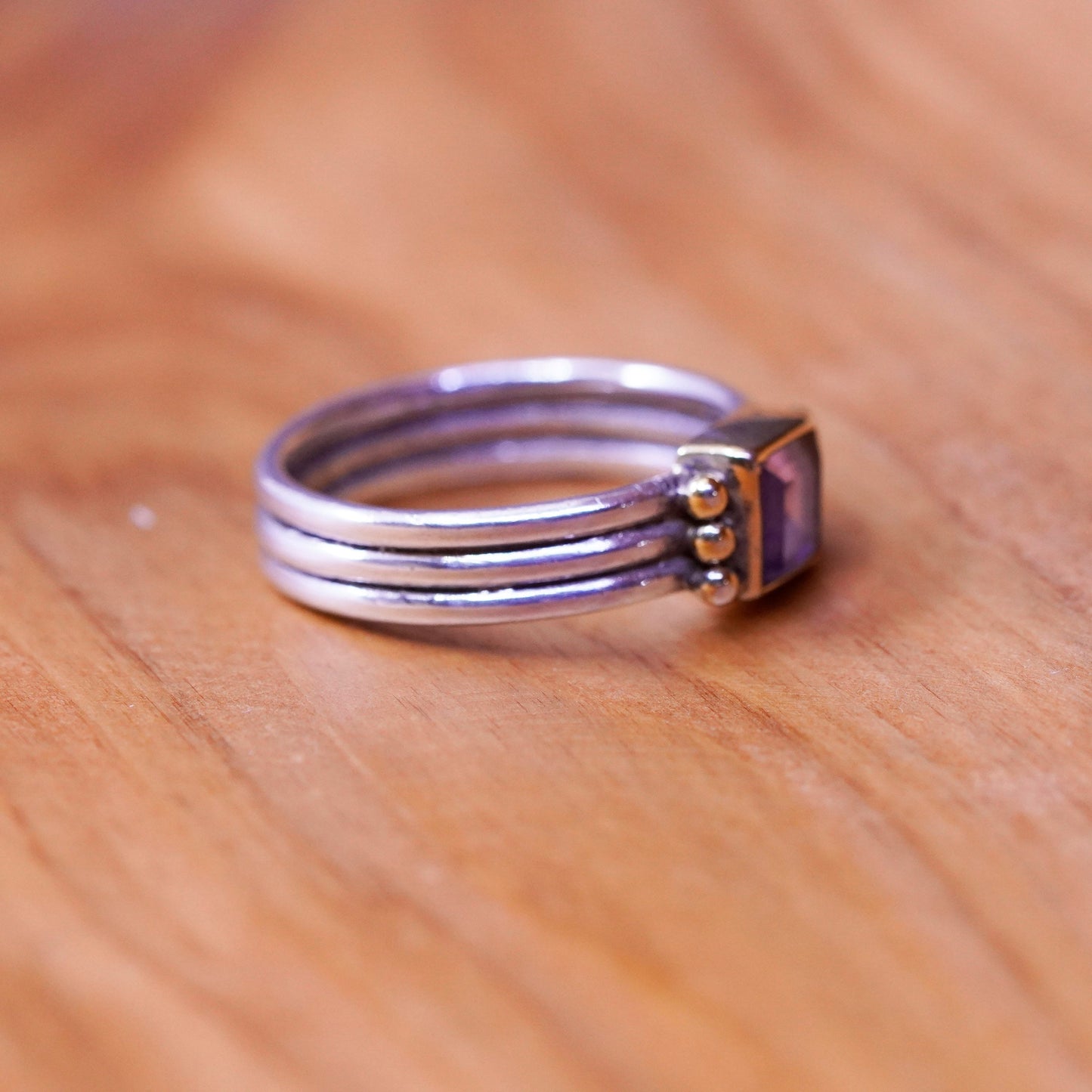 Size 9, 14K yellow gold Sterling silver ring stackable 925 ribbed band amethyst