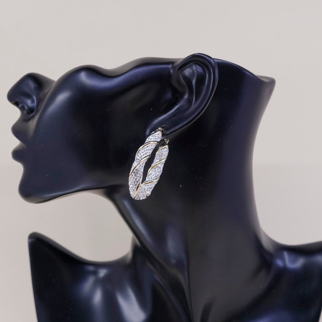 1.75" Vintage gold sterling silver earrings, 925 hoops, huggie, w/ cluster cz