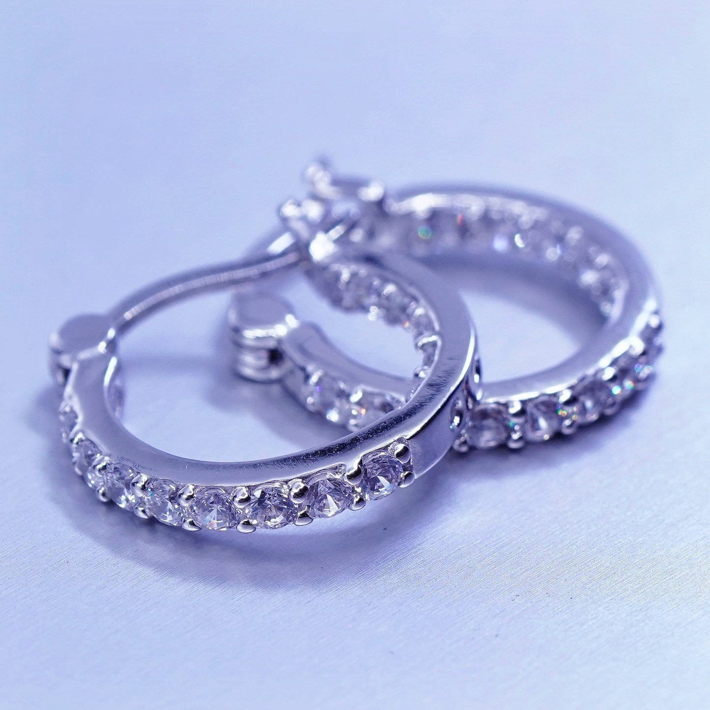 0.5”, vintage Sterling silver handmade earrings, 925 Huggie hoops with Cz