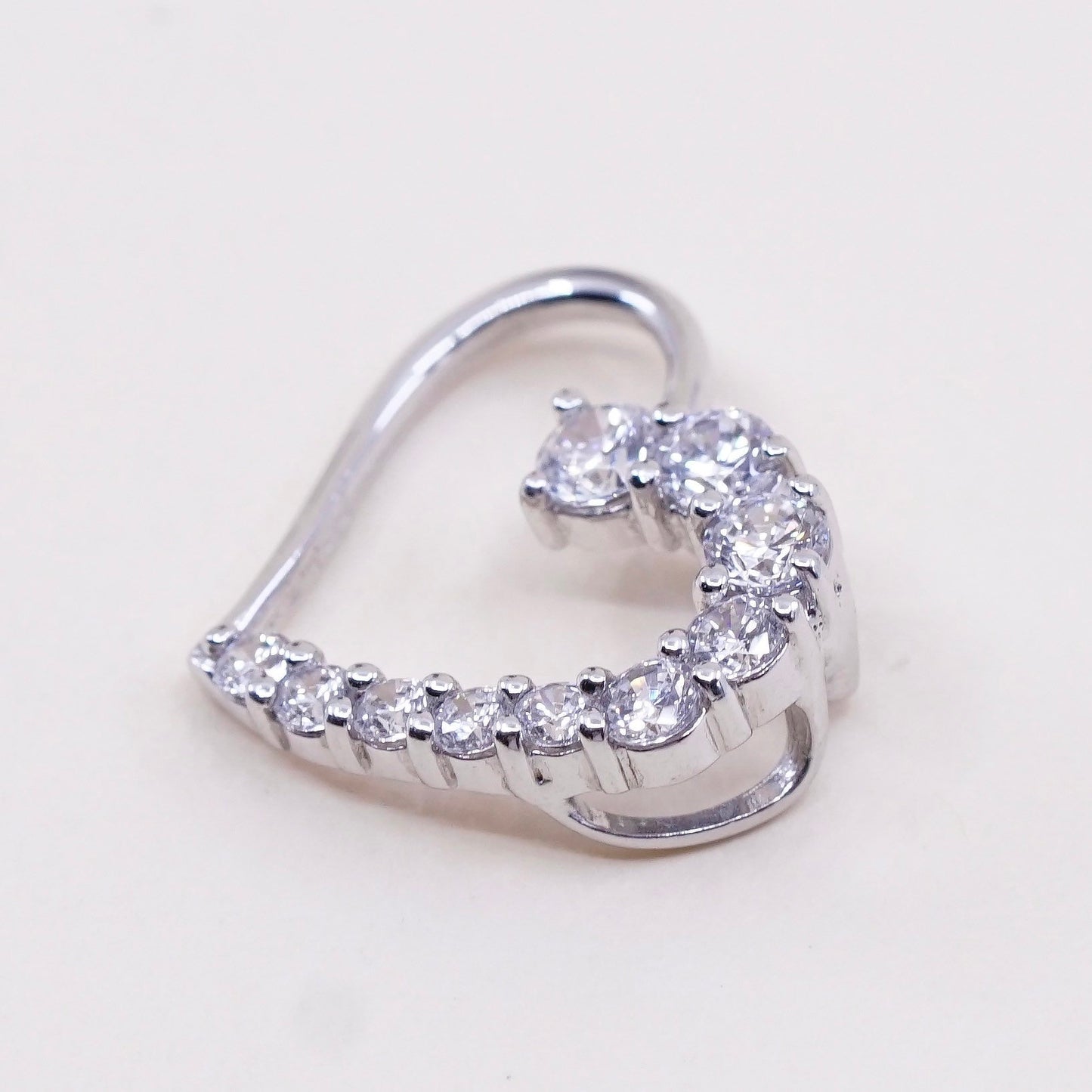 Vintage sterling silver pendant, round cut clear Cz, 925 heart pendant