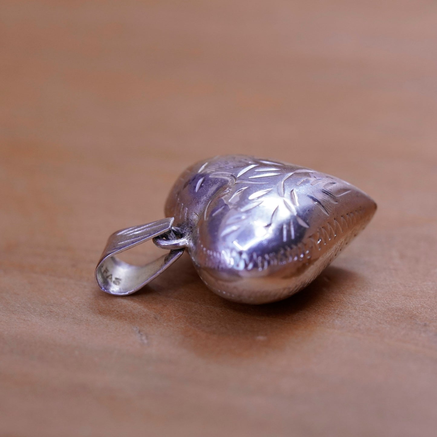 Vintage Sterling silver handmade heart pendant, puffy textured 925 heart