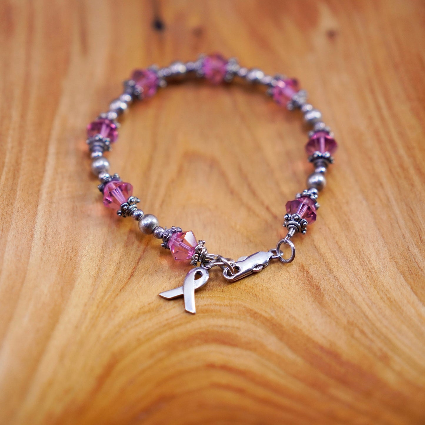 6.75”, Sterling silver bracelet, 925 beads crystal breast cancer ribbon charm