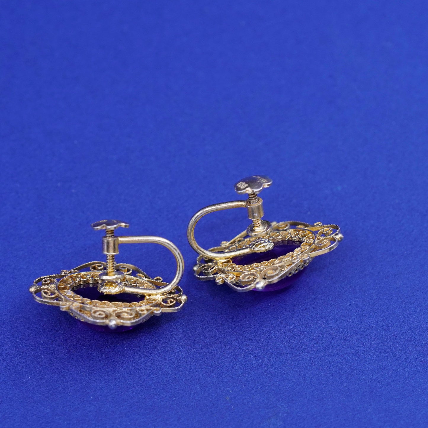 vermeil Sterling silver handmade earrings gold 925 filigree screw back amethyst