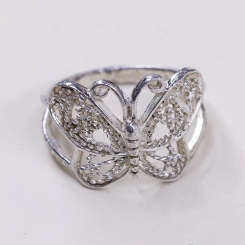 Size 6.75, Vtg Sterling Silver Handmade Ring, 925 Band W/ Filigree Butterfly