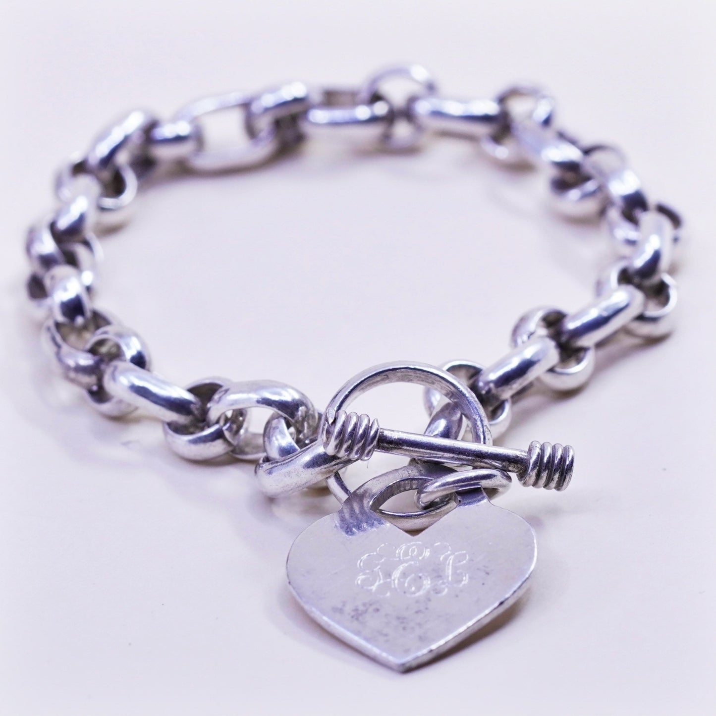 7”, 8mm, Vintage sterling 925 silver circle bracelet monogram GEL heart charm