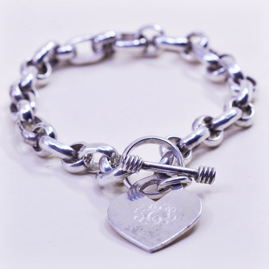 7”, 8mm, Vintage sterling 925 silver circle bracelet monogram GEL heart charm