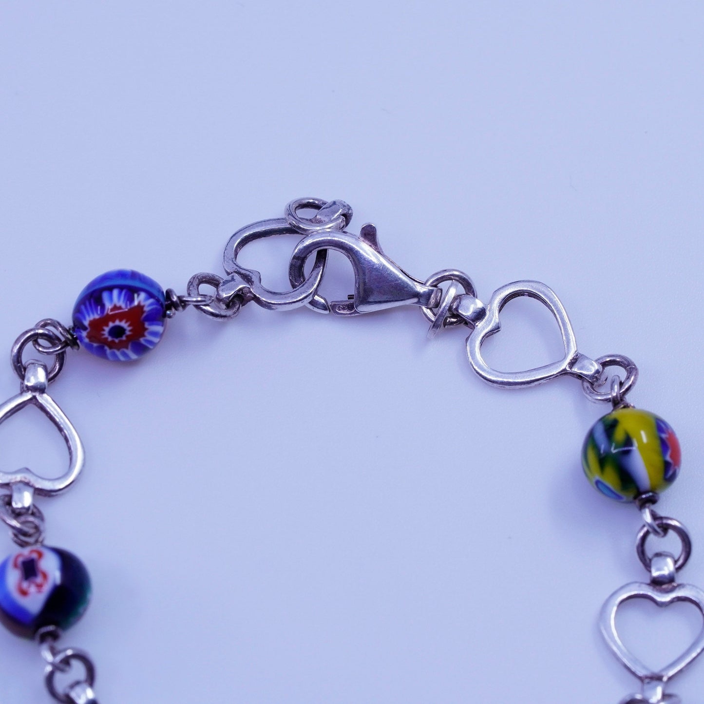 6.25”, jewelry | Sterling 925 silver bracelet, heart chain murano glass beads