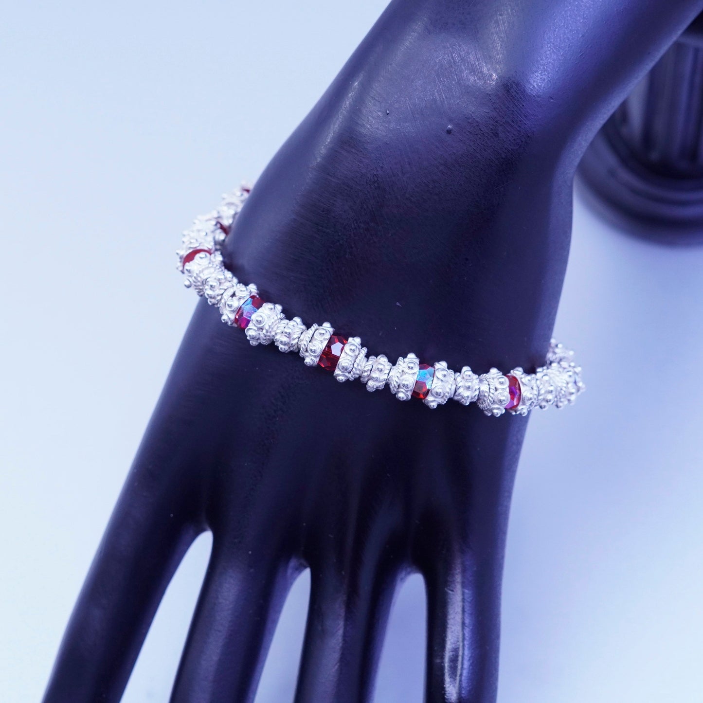 7”, vintage Nepal handmade Sterling 925 silver bracelet with red rhinestone
