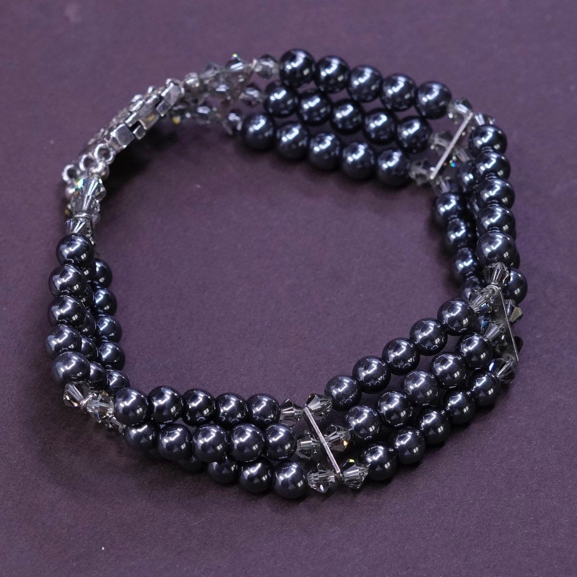 7” 1960s sterling 925 silver handmade bracelet, hematite marcasite