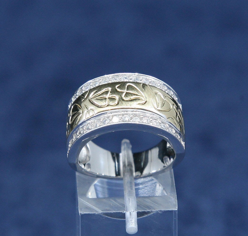 sz 7, vtg two tone sterling 925 silver band ring w/ cluster crystal