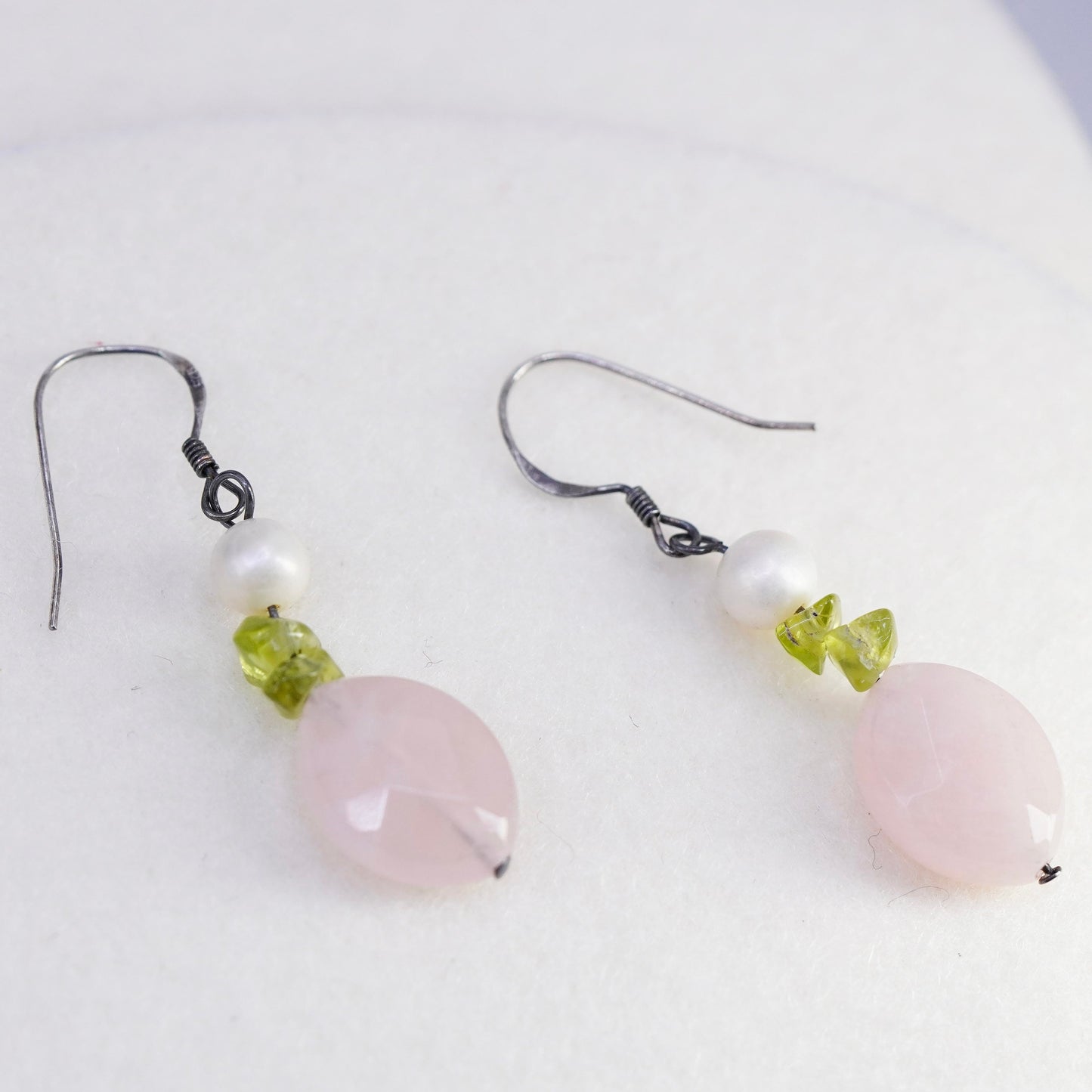 Vintage Sterling 925 silver handmade earrings with pink rose quartz
