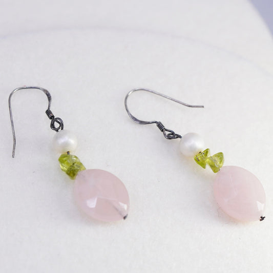 Vintage Sterling 925 silver handmade earrings with pink rose quartz