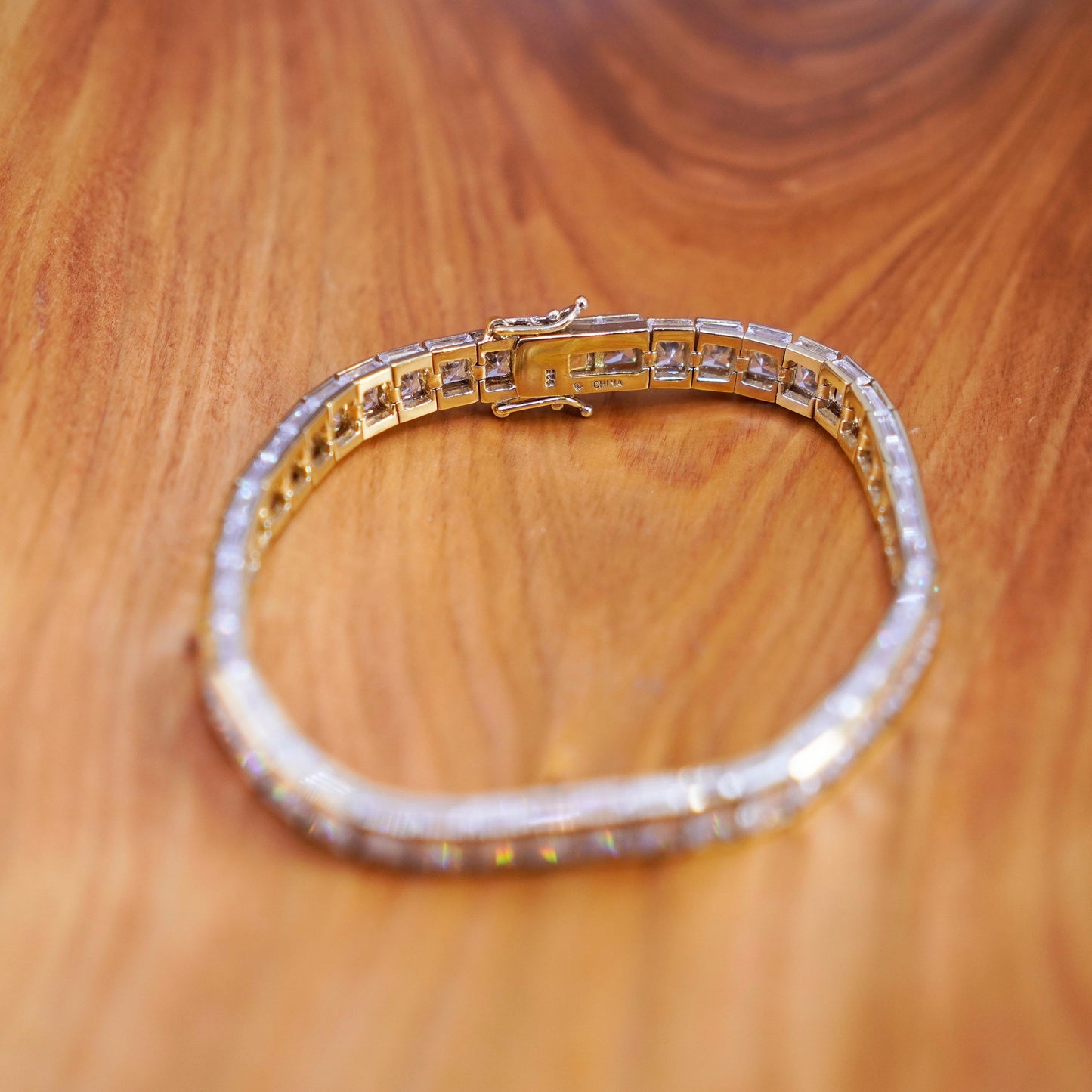 8”, vermeil gold over Sterling 925 silver tennis bracelet, chain with square cz