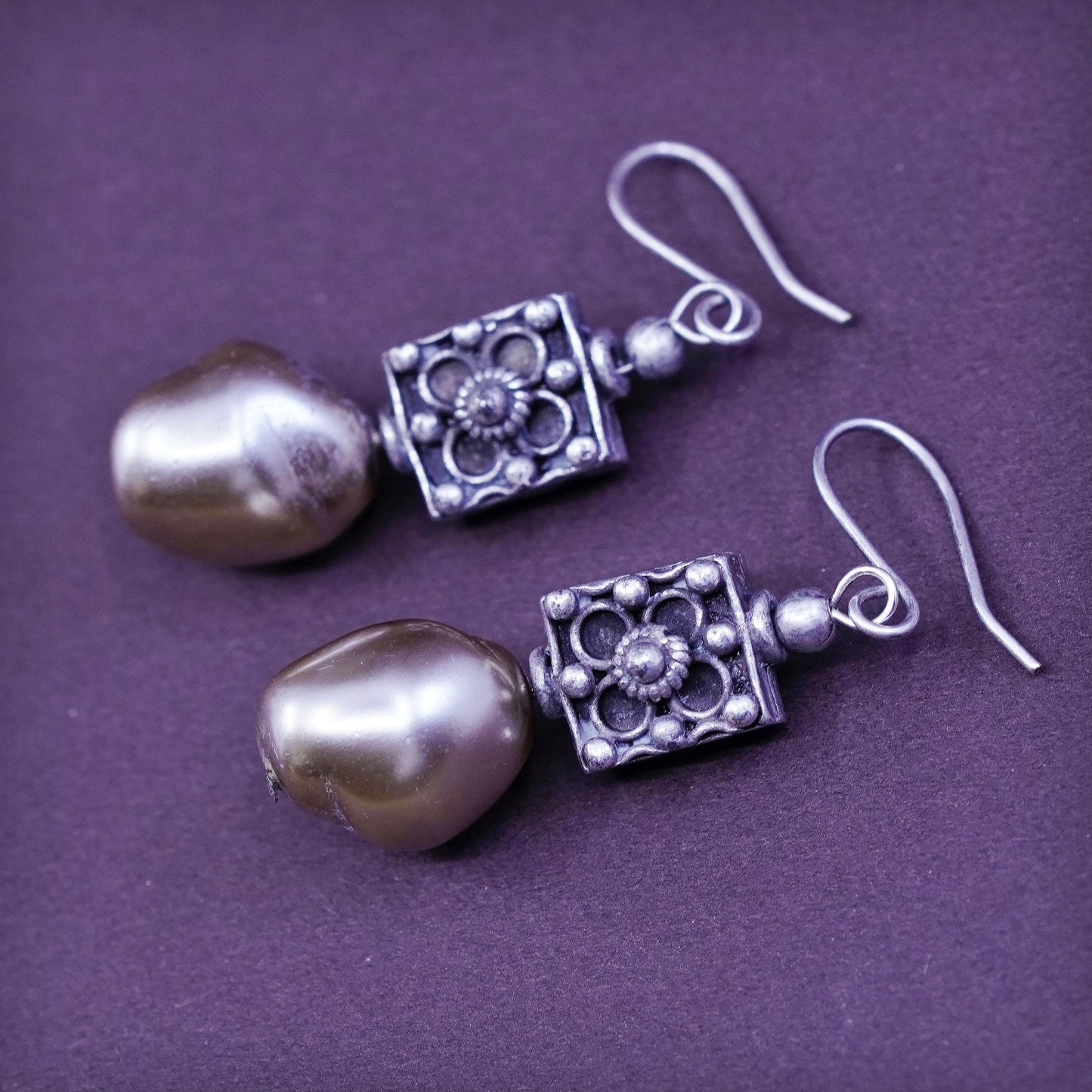 Vintage sterling silver handmade earrings, 925 beads with pearl drops