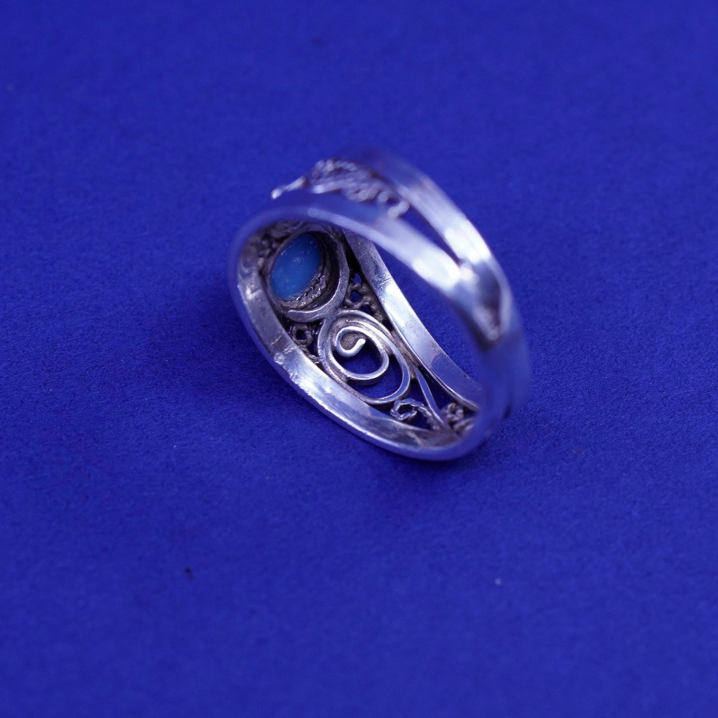 Size 7, vintage sterling silver handmade ring, 925 filigree band with blue onyx
