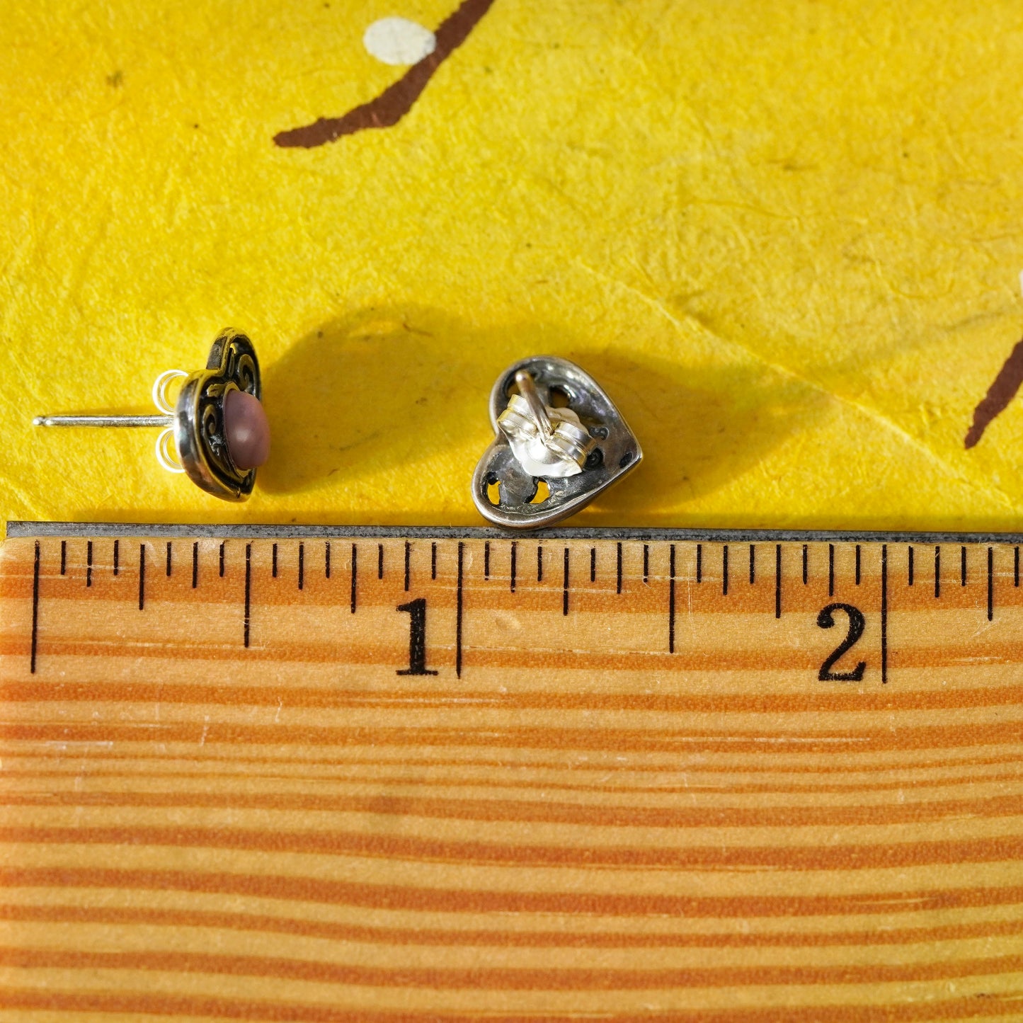Vintage Sterling silver handmade earrings, 925 heart studs with pink cats eye